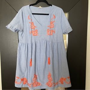 Seersucker babydoll dress with embroidery